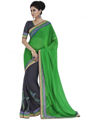 Indian Bollywood Green Colored Designer Ethnic Georgette Wedding/Party Wear Saree Free Blouse