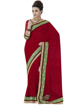 Indian Bollywood Red Colored Designer Ethnic Georgette Wedding/Party Wear Saree Free Blouse