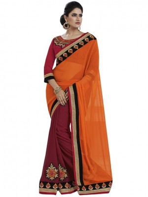 Indian Bollywood Orange Colored Designer Ethnic Georgette Wedding/Party Wear Saree Free Blouse