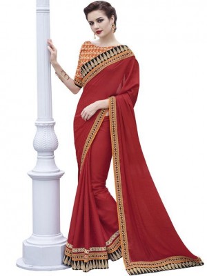Indian Bollywood Designer Ethnic work Red Crepe Jacquard Wedding/Party Wear stylish Saree Free Blouse