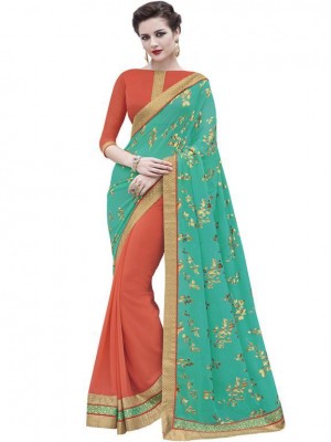 Indian Bollywood Designer Ethnic work Green and Orange Georgette Wedding/Party Wear stylish Saree Free Blouse