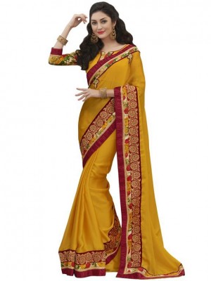 Indian Bollywood Designer Ethnic work Yellow Satin Chiffon Wedding/Party Wear stylish Saree Free Blouse