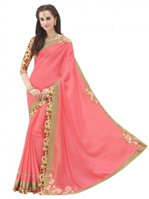 Indian Bollywood Designer Ethnic work Pink Chinnon Wedding/Party Wear stylish Saree Free Blouse