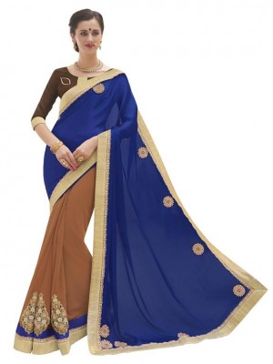 Indian Bollywood Designer Ethnic work Blue and Orange Satin Chiffon Wedding/Party Wear stylish Saree Free Blouse