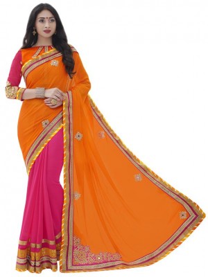 Indian Bollywood Designer Ethnic work Orange and Pink Crepe Wedding/Party Wear stylish Saree Free Blouse