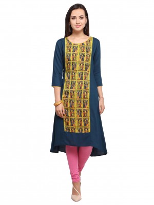 Crazy Bachat Women's Designer Ethnic Fully Stitched Blue Tunic Cotton Rayon Printed Kurti