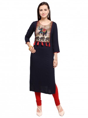 Crazy Bachat Women's Designer Ethnic Fully Stitched Navy Blue Tunic Cotton Rayon Printed Kurti