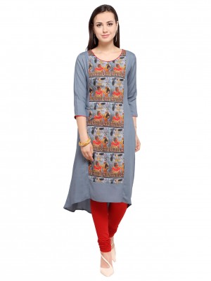 Crazy Bachat Women's Designer Ethnic Navy Blue Fully Stitched Tunic Cotton Rayon Printed Kurti