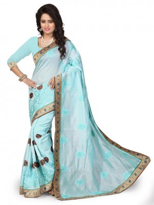 Indian Ethnic Designer Printed Chanderi Silk Blue Saree With Free Blouse