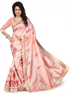 Indian Ethnic Designer Printed Chanderi Silk Peach Saree With Free Blouse