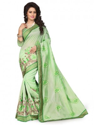 Indian Ethnic Designer Printed Chanderi Silk Green Saree With Free Blouse