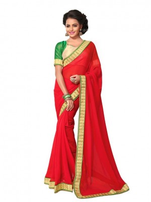 Indian Ethnic Designer Georgette Red Heavy Saree With Free Blouse