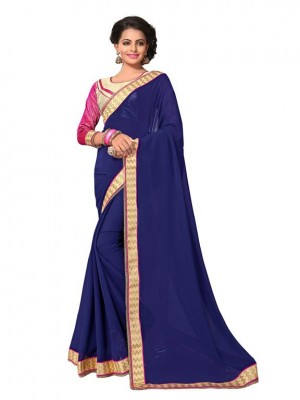 Indian Ethnic Designer Georgette Navy Blue Color Heavy Saree With Free Blouse