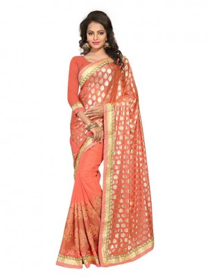 Indian Ethnic Designer Orange Colored Heavy Saree With Free Blouse