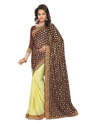 Indian Ethnic Designer Brown & Yellow Colored Heavy Saree With Free Blouse