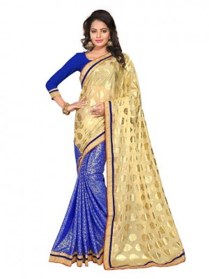 Indian Ethnic Designer Beige & Blue Colored Heavy Saree With Free Blouse