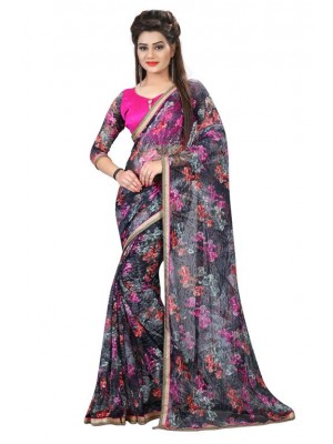 Indian Ethnic Designer Printed Russel Net Grey & Pink Saree With Free Blouse