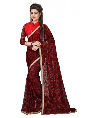 Indian Ethnic Designer Printed Russel Net Red & Black Saree With Free Blouse