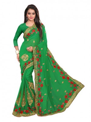 Indian Ethnic Designer Green Colored Saree With Free Blouse