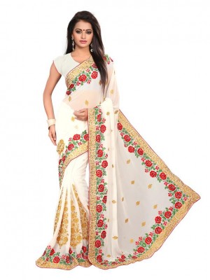 Indian Ethnic Designer White Colored Saree With Free Blouse