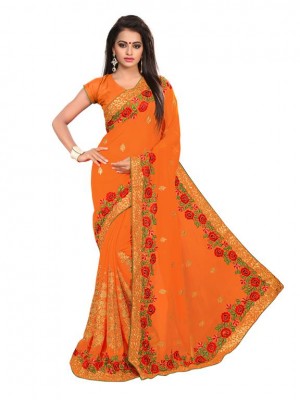 Indian Ethnic Designer Orange Colored Saree With Free Blouse