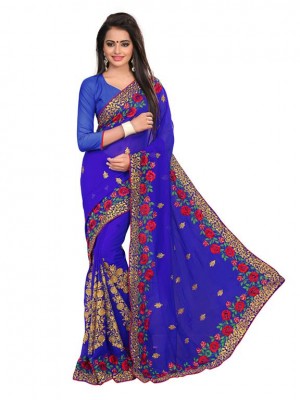 Indian Ethnic Designer Blue Color Saree With Free Blouse