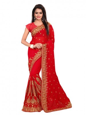 Indian Ethnic Designer Red Colored Saree With Free Blouse