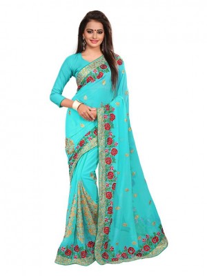 Indian Ethnic Designer Blue Saree With Free Blouse