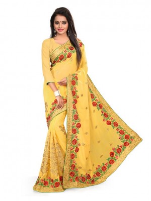 Indian Ethnic Designer Yellow Colored Saree With Free Blouse