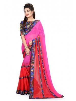 Crazy Bachat Pink & Red Wedding Wear New Fashion Bollywood Designer Georgette Saree Free Blouse