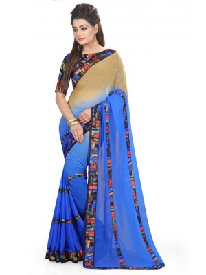 Crazy Bachat Blue & Orange Wedding Wear New Fashion Bollywood Designer Georgette Saree Free Blouse