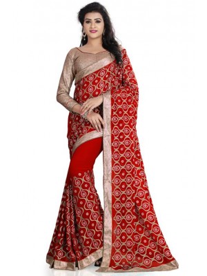 Indian Ethnic Designer 60 GM Georgette Red Saree With Free Blouse