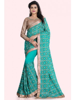 Indian Ethnic Designer 60 GM Georgette Green Saree With Free Blouse