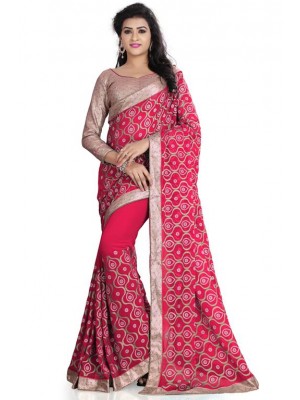 Indian Ethnic Designer 60 GM Georgette Pink Saree With Free Blouse