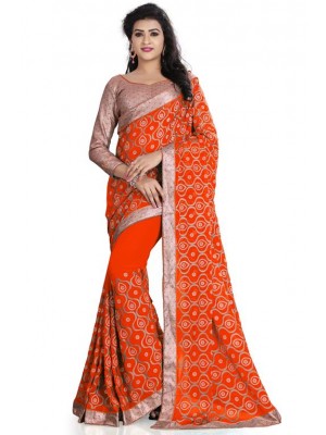 Indian Ethnic Designer 60 GM Georgette Orange Saree With Free Blouse