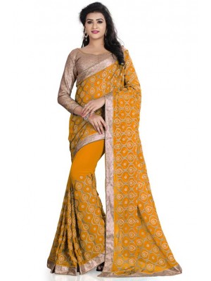 Indian Ethnic Designer 60 GM Georgette Yellow Saree With Free Blouse