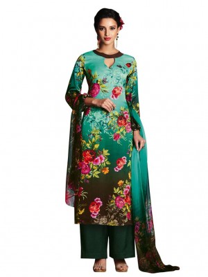 Indian Designer Salwar Suits Green Satin Digital Printed Dress