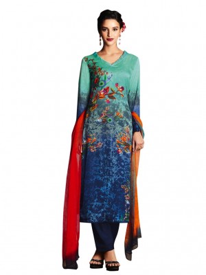 Indian Designer Salwar Suits Green & Blue Satin Digital Printed Dress
