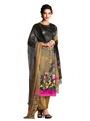Indian Designer Salwar Suits Black & Brown Satin Digital Printed Dress