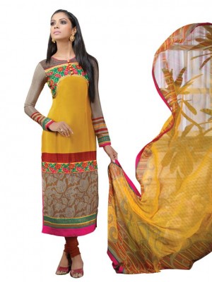 Indian Designer Salwar Suits Frech Crape Yellow Color Semi Stitched Dress