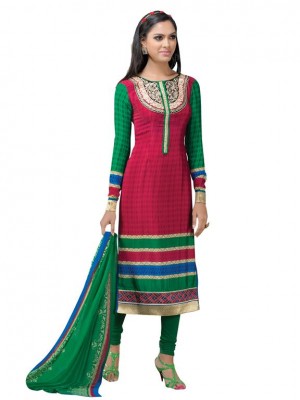 Indian Designer Salwar Suits Frech Crape Pink And Green Color Semi Stitched Dress