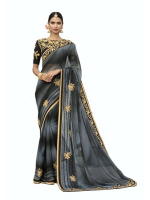 Indian Ethnic Bollywood Designer Gray & Black Saree With Free Blouse