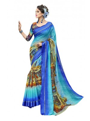 Indian Ethnic Blue Colored Party Wear Fashionable Bollywood Designer Chanderi Silk Saree Free Blouse