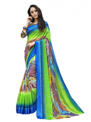 Indian Ethnic Green & Blue Colored Party Wear Fashionable Bollywood Designer Chanderi Silk Saree Free Blouse