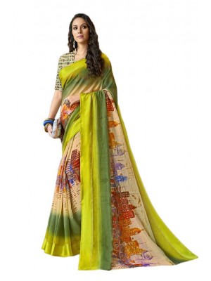 Indian Ethnic Green & Yellow Colored Party Wear Fashionable Bollywood Designer Chanderi Silk Saree Free Blouse