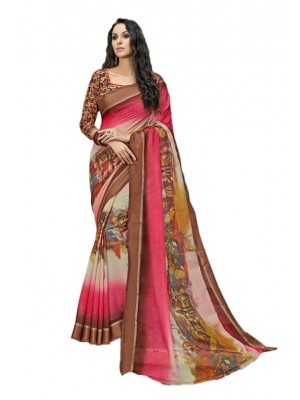Indian Ethnic Pink & Brown Colored Party Wear Fashionable Bollywood Designer Chanderi Silk Saree Free Blouse