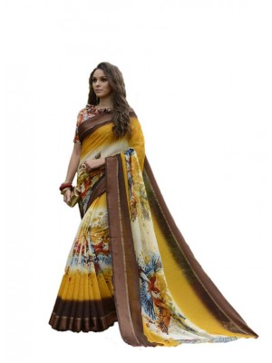 Indian Ethnic Yellow & Brown Colored Party Wear Fashionable Bollywood Designer Chanderi Silk Saree Free Blouse