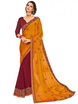 Indian Ethnic orange and maroon Wedding Wear New Fashion Bollywood Designer Georgette Saree Free Blouse