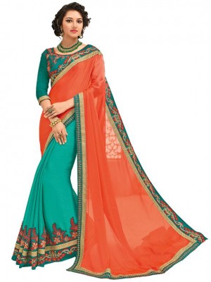 Indian Ethnic orange and green Wedding Wear New Fashion Bollywood Designer Georgette Saree Free Blouse