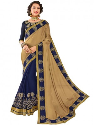 Indian Ethnic beige and violet Wedding Wear New Fashion Bollywood Designer Georgette Saree Free Blouse